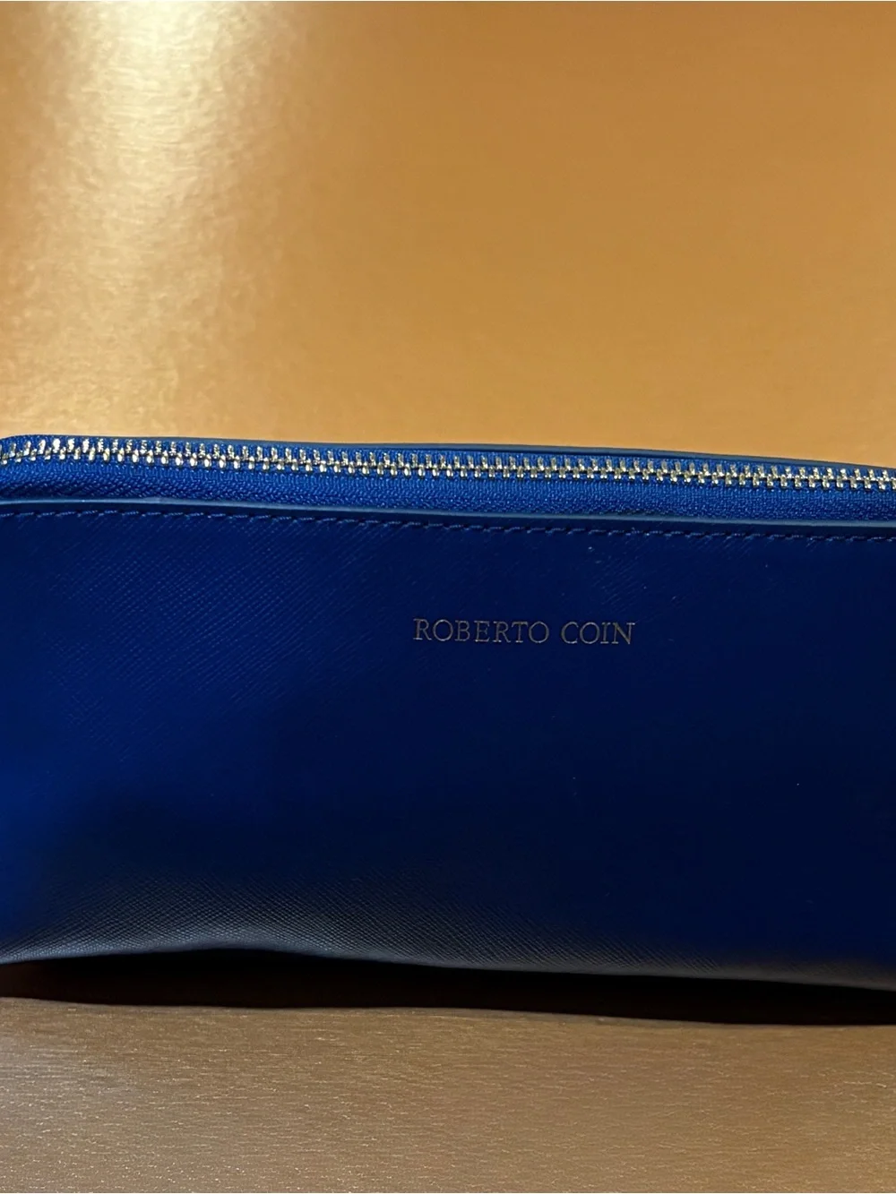 Roberto Coin Blue Saffiano Leather Cosmetic Makeup Travel Pouch Zip Case